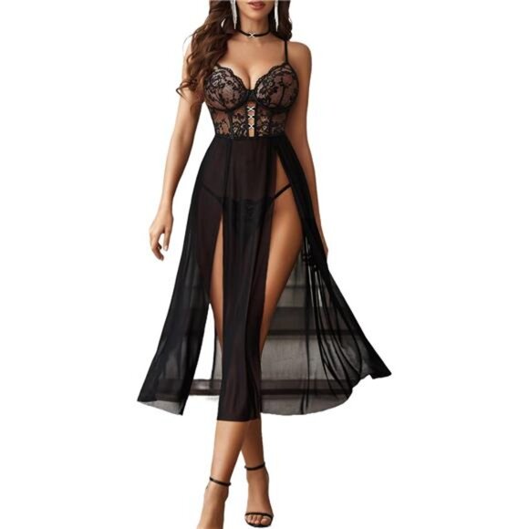 Women Lace Mesh Babydoll Sleepwear Black